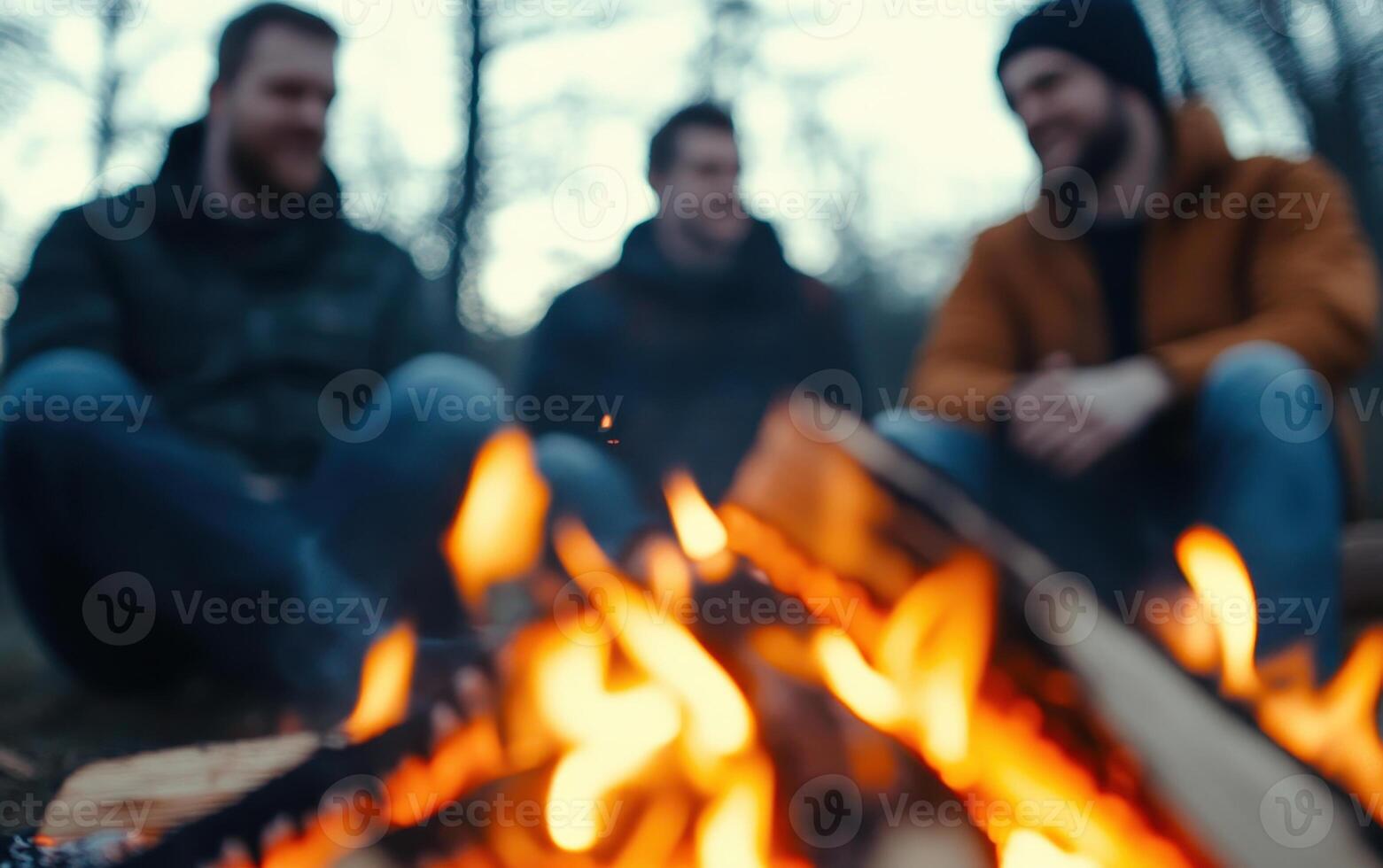 Warm campfire storytelling in forest setting with friends enjoying moment photo