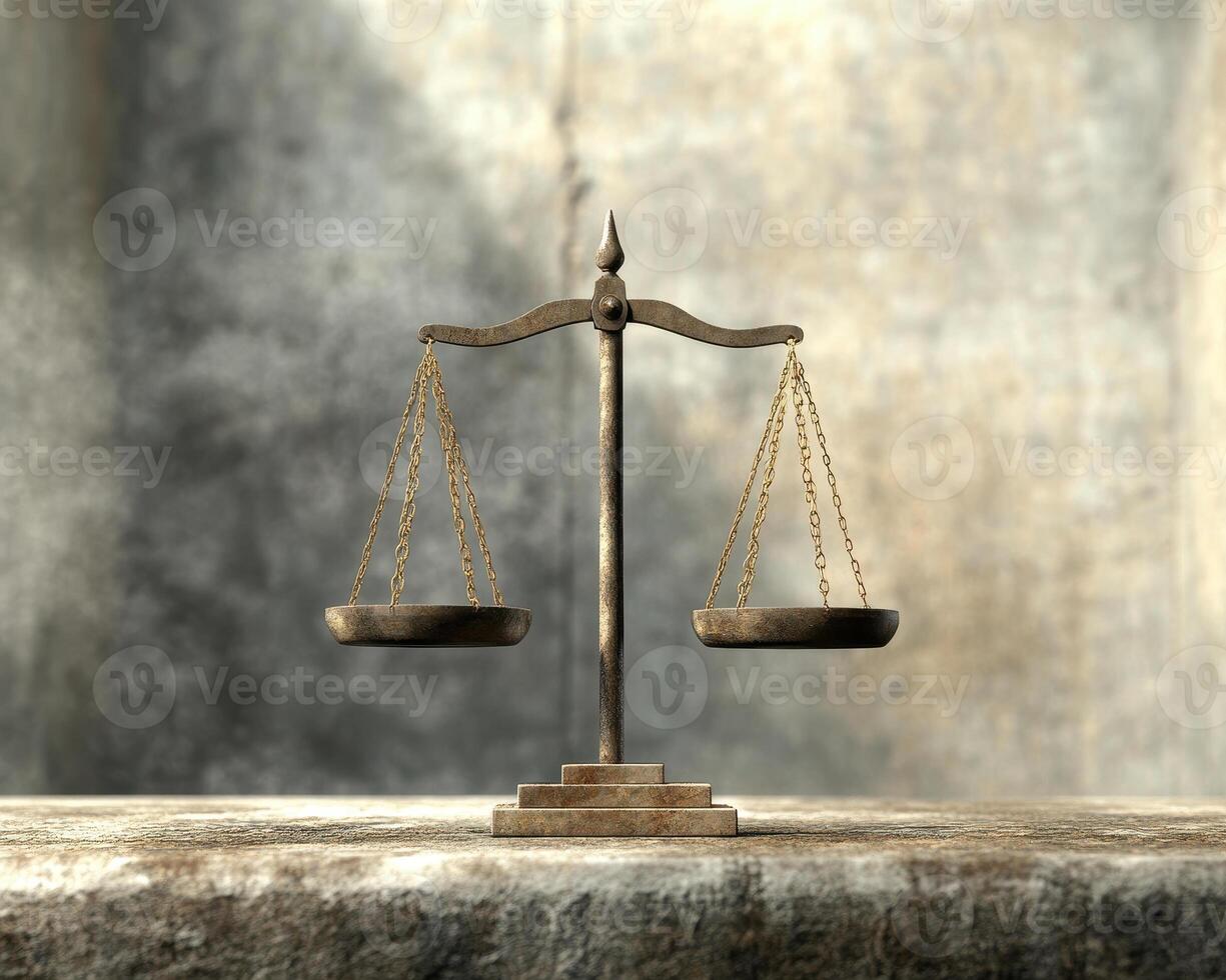 conceptual representation of justice with balanced scale symbolizing law and order. image evokes sense of fairness and photo