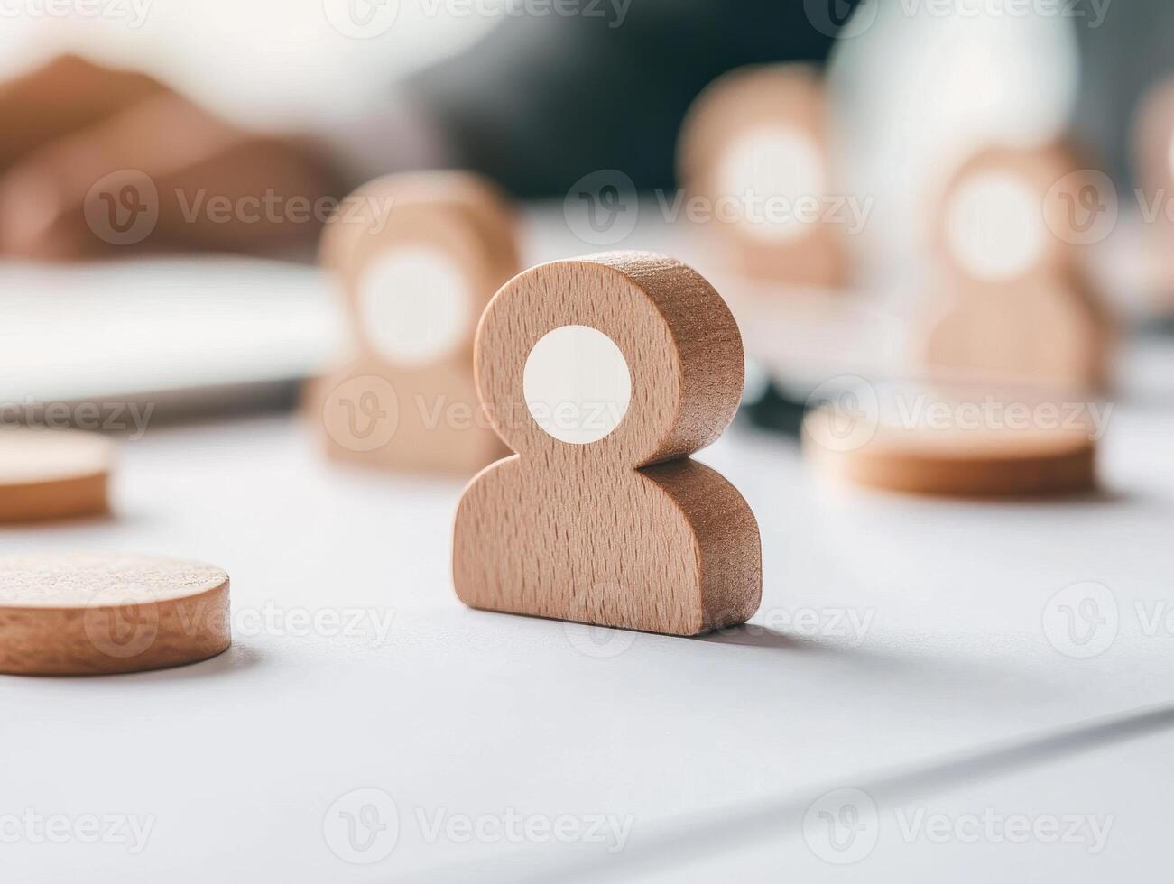 Wooden figures representing employees on desk, symbolizing teamwork and collaboration photo