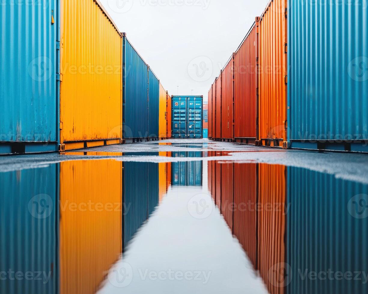 Cargo containers vibrant colors reflected puddle, creating serene industrial aesthetic with perfect composition and light photo