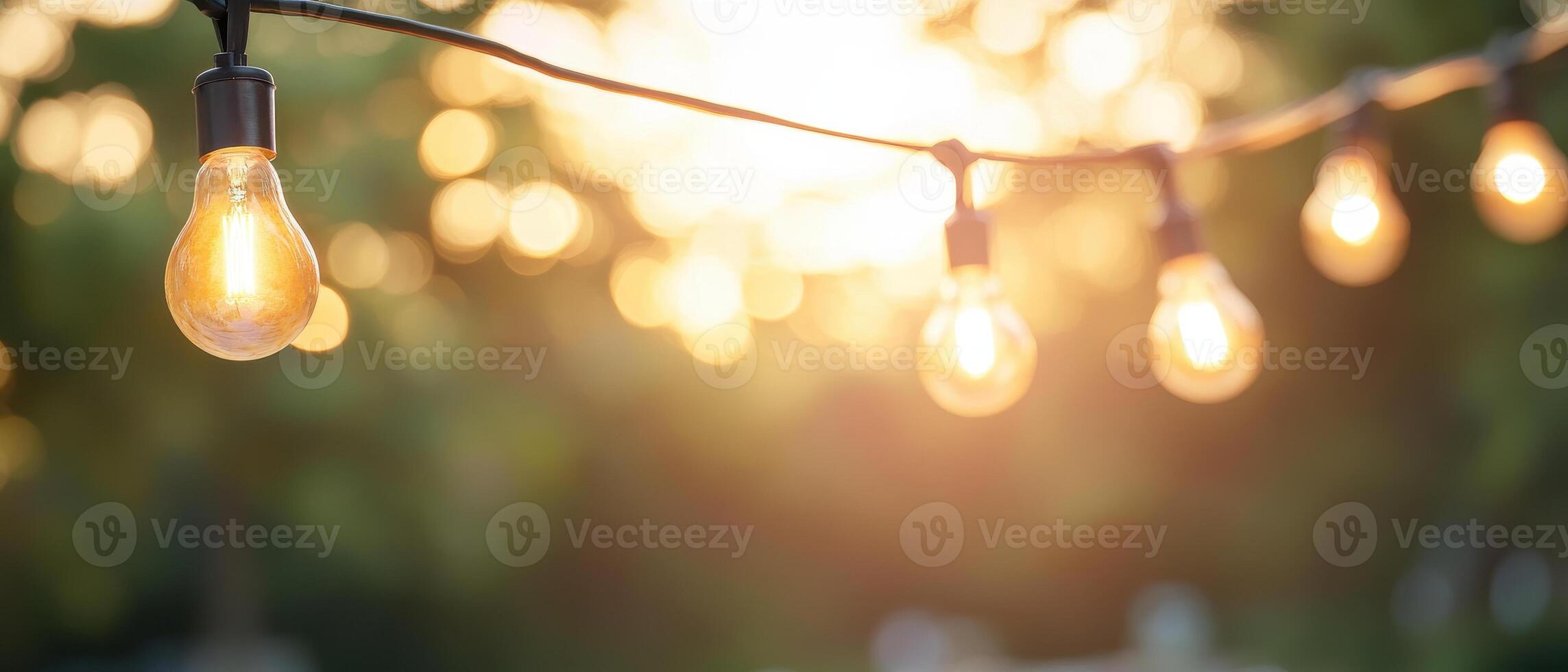 string lights outdoor warm bokeh sunset illumination glowing festive atmosphere photo