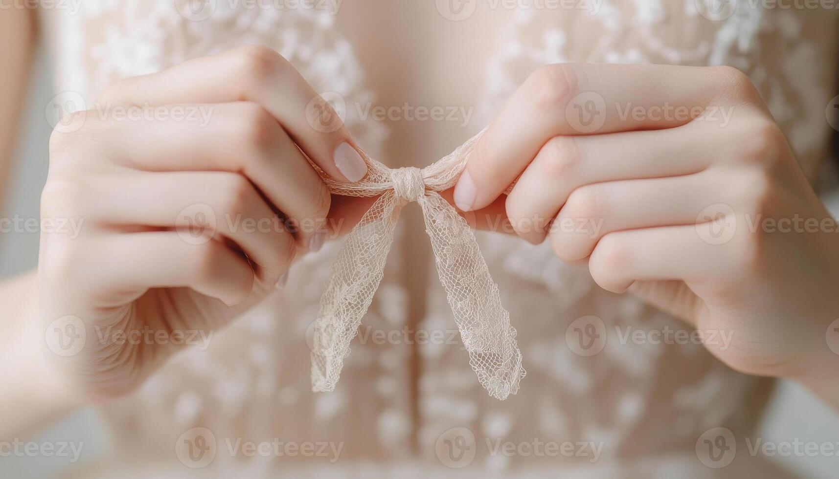 Close up of hands tying delicate bow on bridal gown, showcasing elegance and attention to detail photo