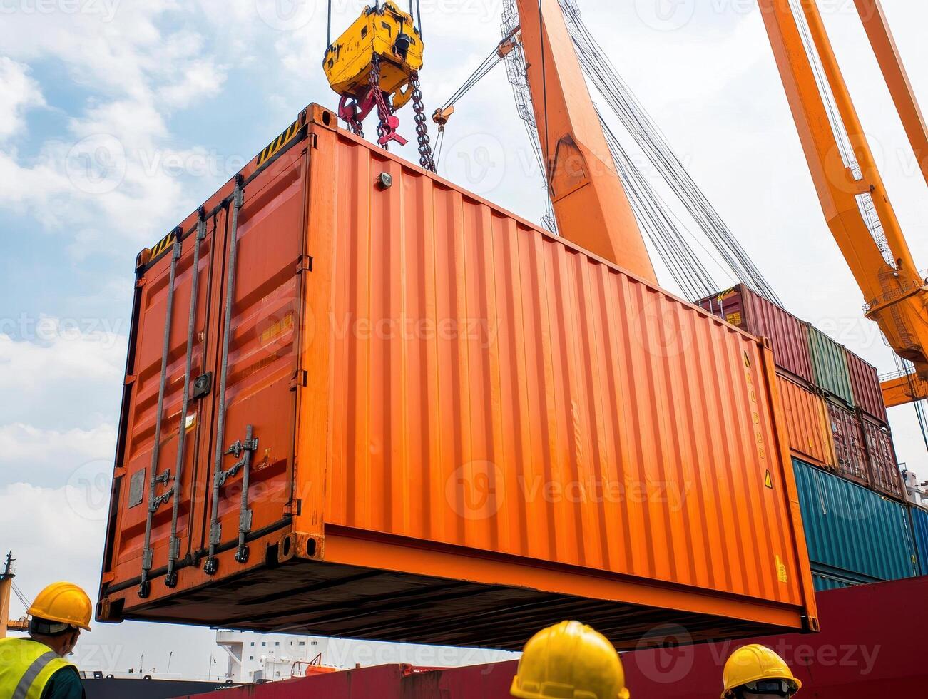 High tech crane system loading orange container onto ship at port photo