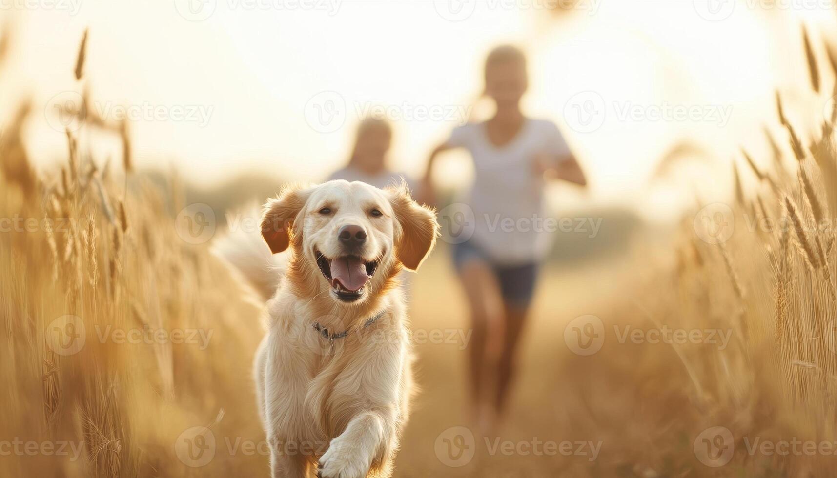 Family running with golden retriever in golden wheat field, joyful moments captured photo