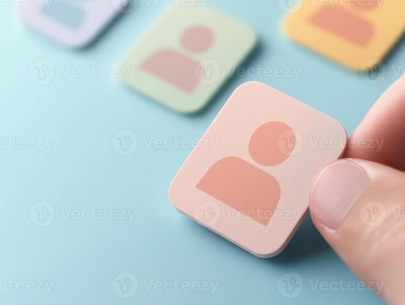 Hand holding pastel colored icon representing person, surrounded by similar icons photo