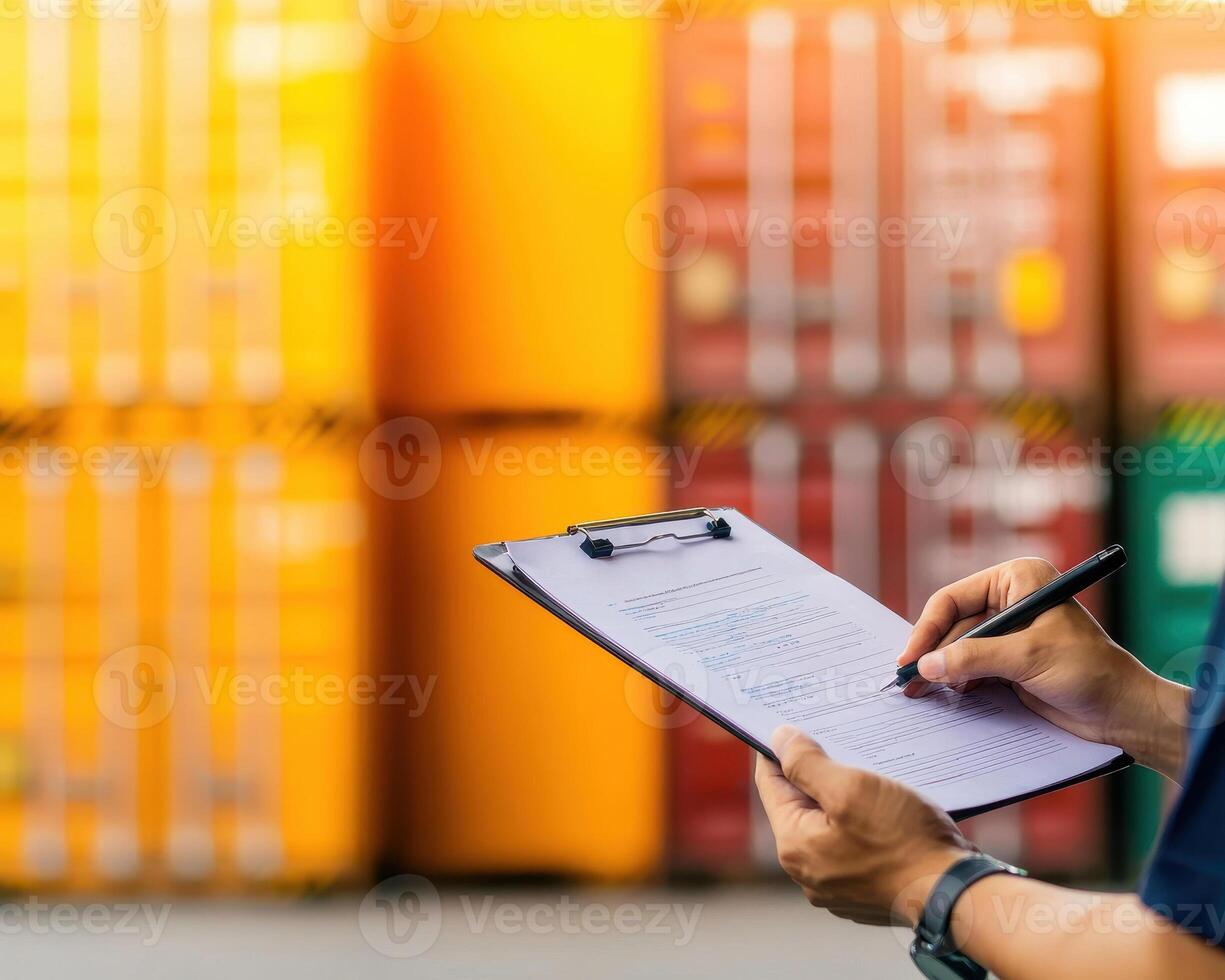 Efficient freight management with clipboard in warehouse setting photo