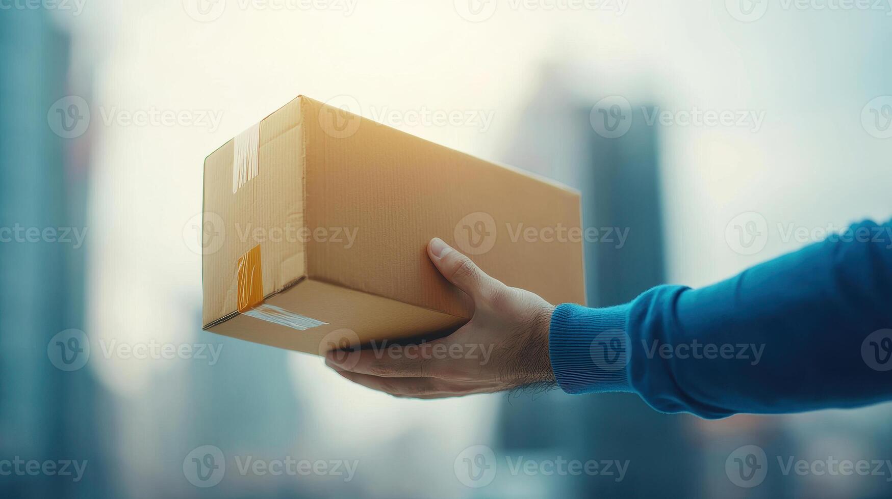 Delivery service worker holding package in urban setting, showcasing dedication and professionalism photo