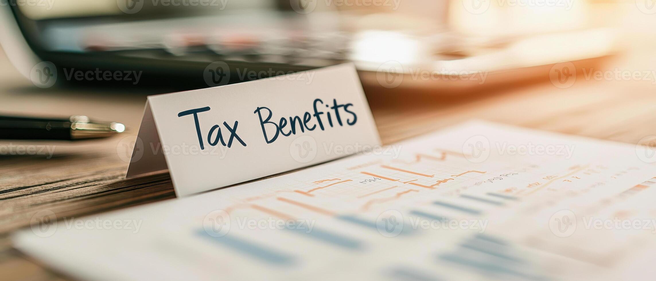 Tax benefits card next to financial reports and calculator on desk photo