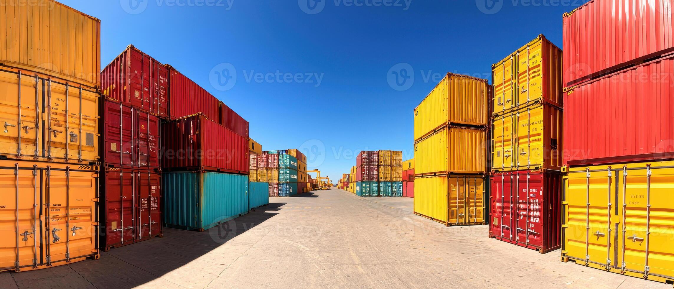 Panoramic view of colorful shipping containers at import export terminal photo