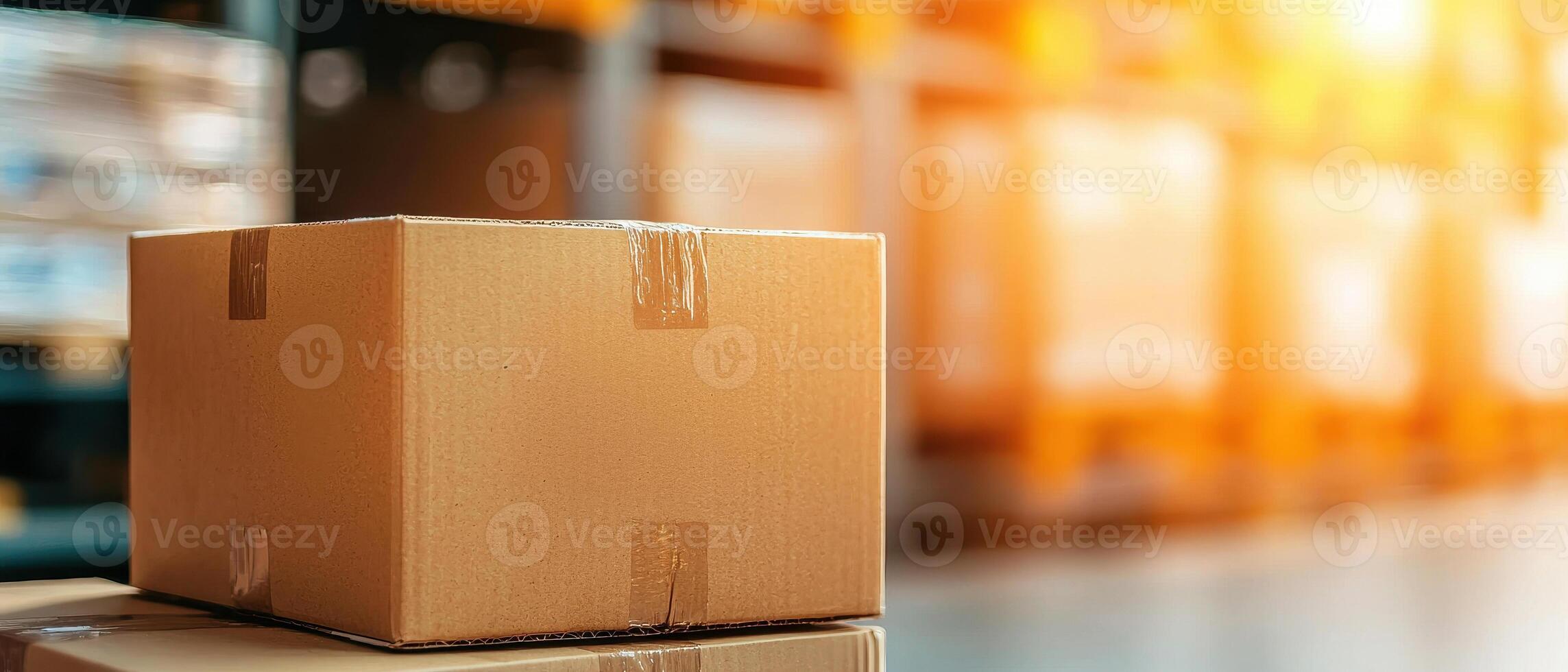 close up of cardboard box in warehouse with blurred background, showcasing shipping and storage photo