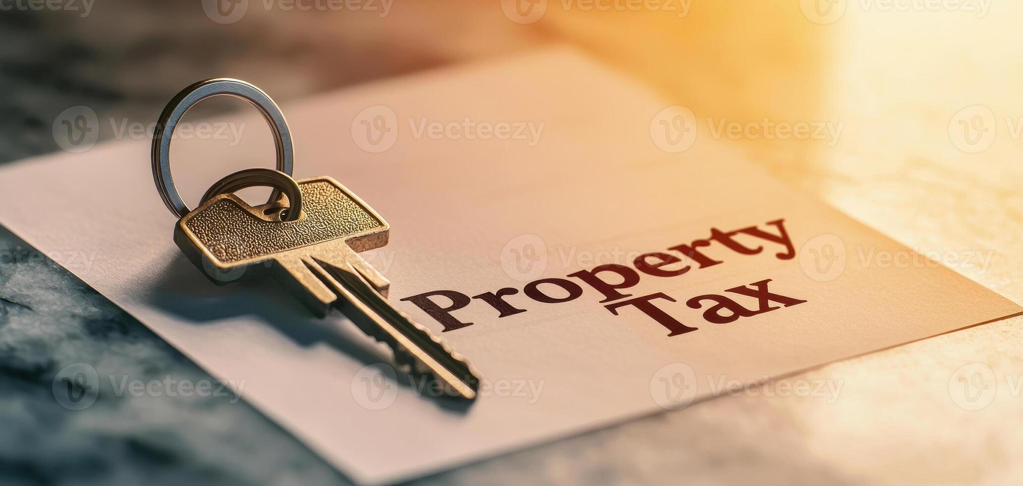 Property tax statement with key on marble surface, symbolizing ownership and responsibility photo