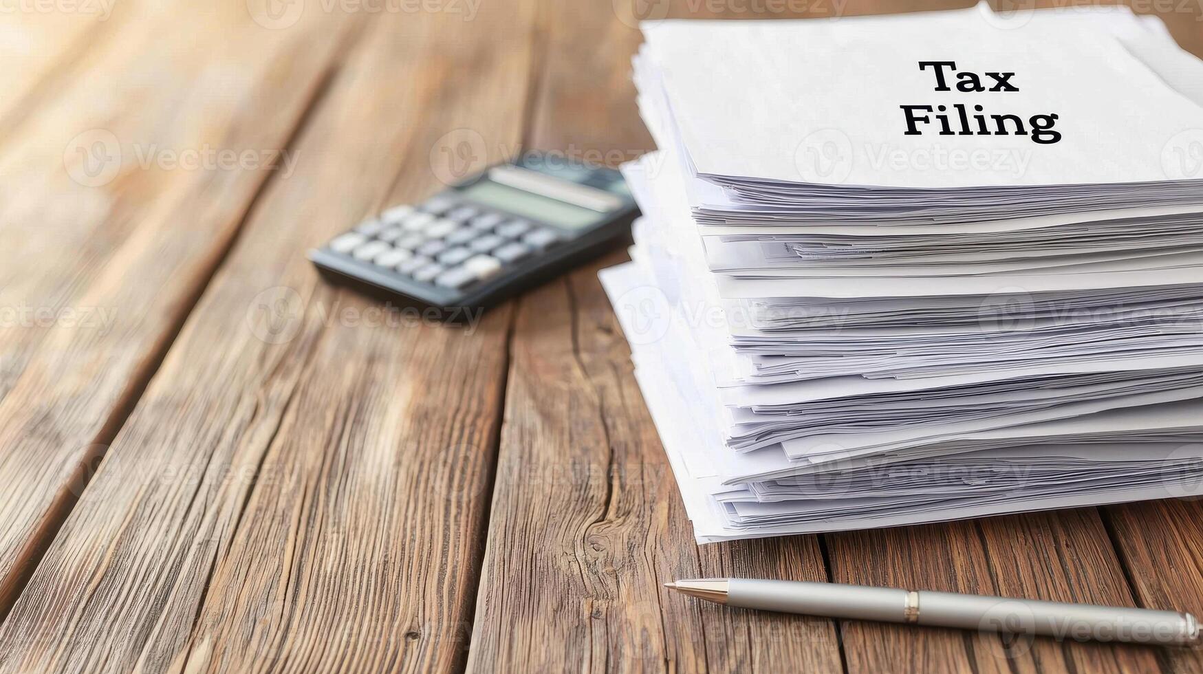Tax filing documents stacked neatly on wooden table with calculator photo
