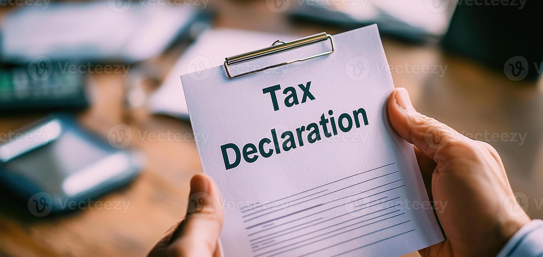 Tax declaration form held by person in busy office environment, conveying urgency and focus photo