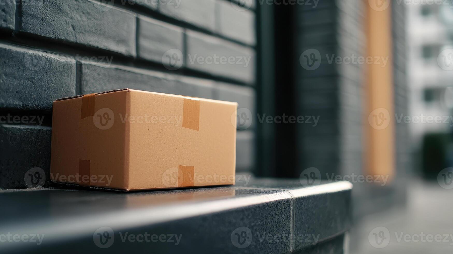 shipping box placed on doorstep, ready for delivery, against brick wall photo