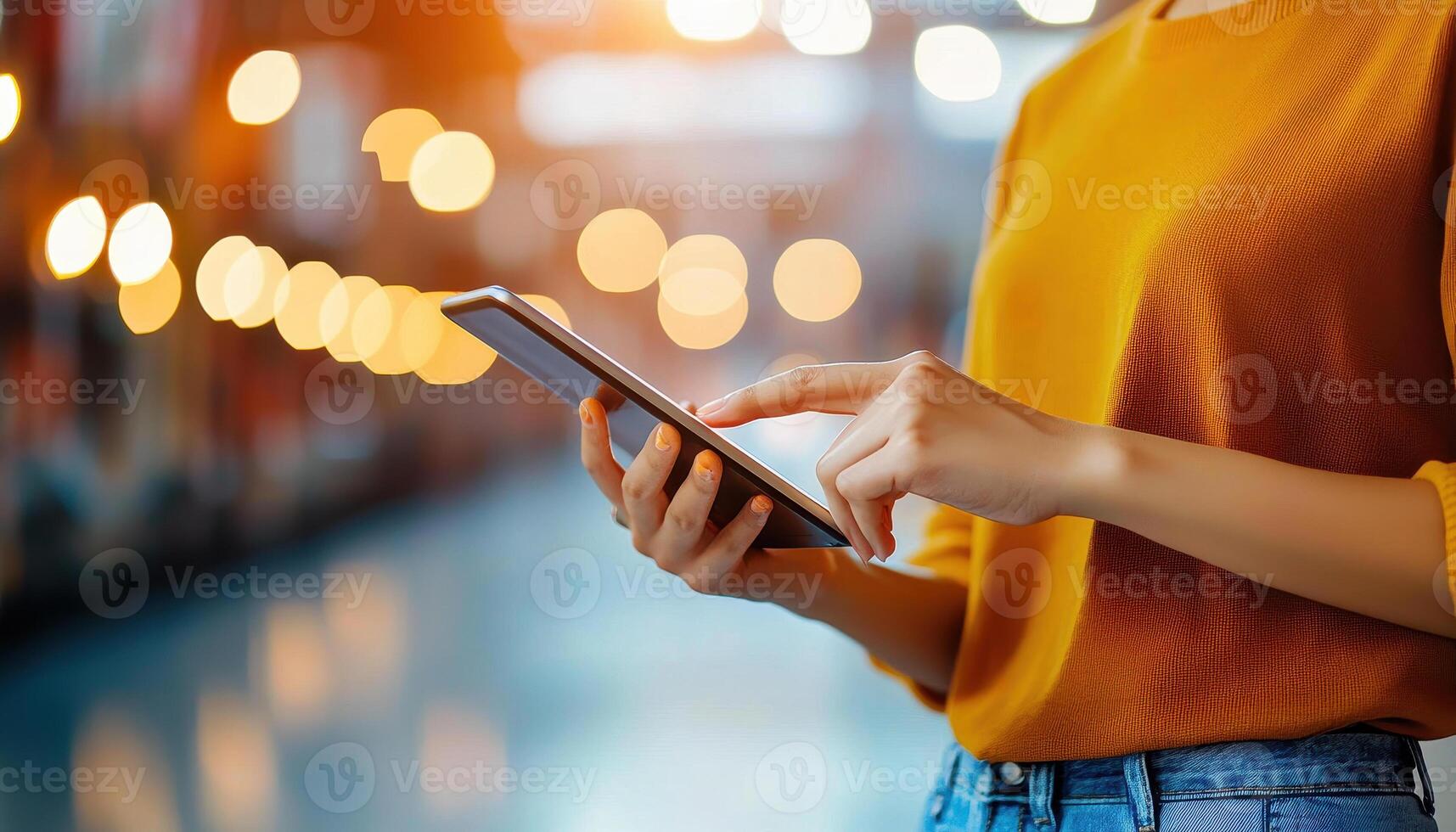 Close up of woman using smartphone in vibrant setting, showcasing technology and connectivity photo