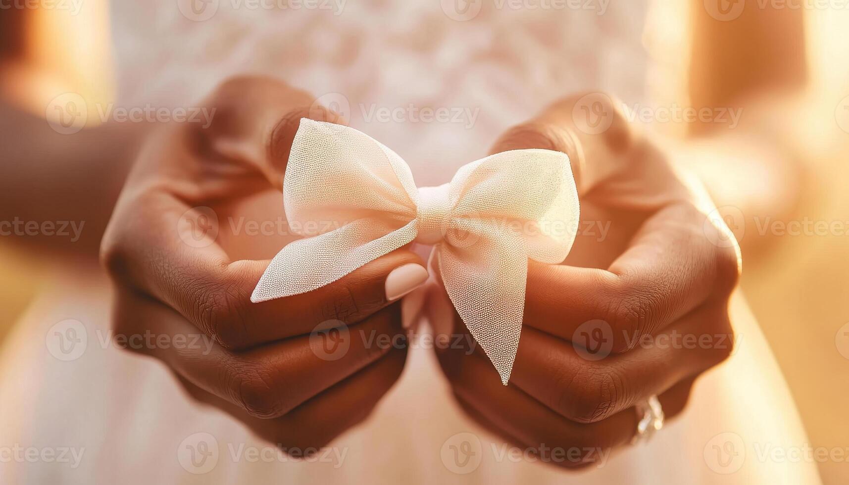 Close up of hands tying delicate bow on bridal gown, showcasing elegance and love photo