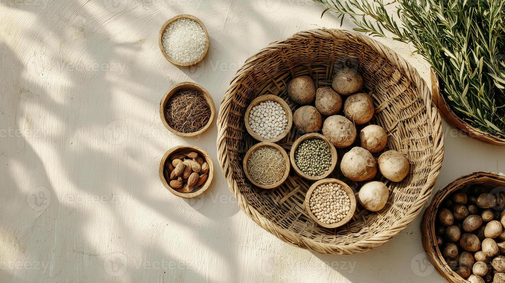 Organic vegetables and seeds arranged in zero waste basket, showcasing natural textures and earthy tones photo