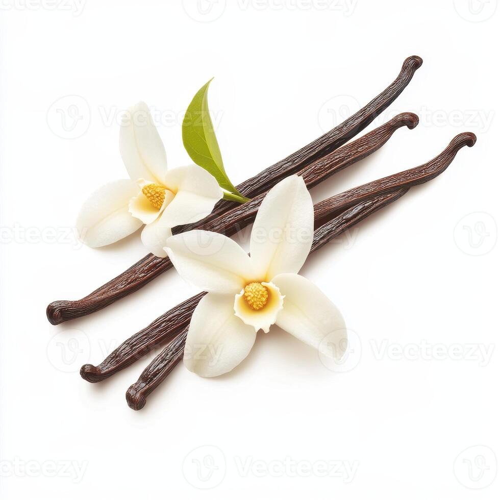 Aromatic vanilla beans with delicate flowers, perfect for baking and flavoring photo