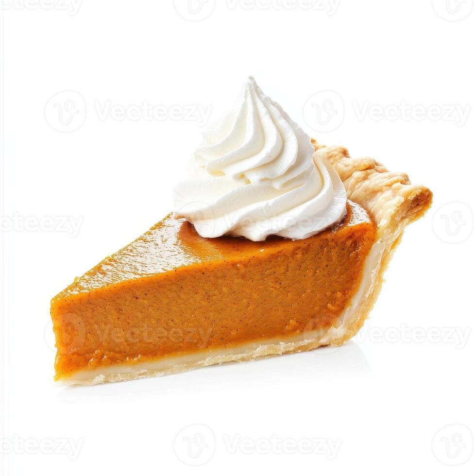 Delicious slice of pumpkin pie topped with whipped cream, perfect for fall photo