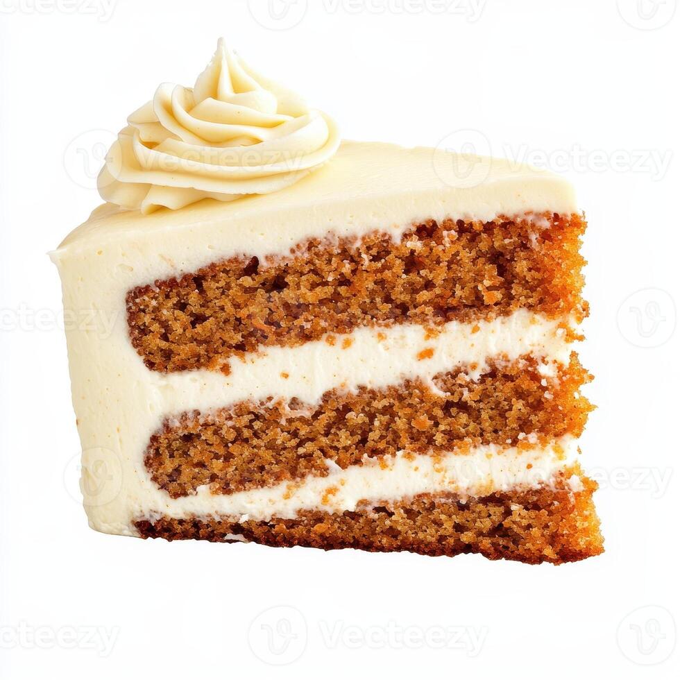 Delicious carrot cake slice with cream cheese frosting, perfect for dessert lovers photo