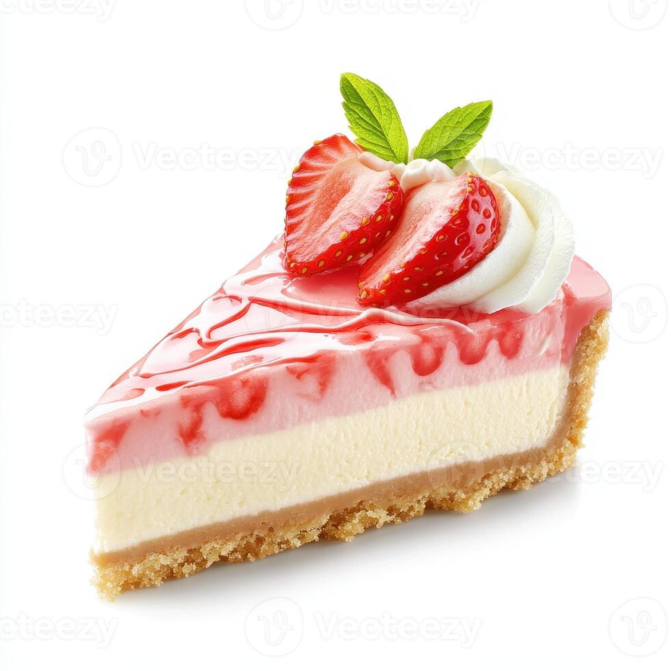 Delicious strawberry cheesecake slice topped with whipped cream and fresh strawberries, perfect for dessert lovers photo