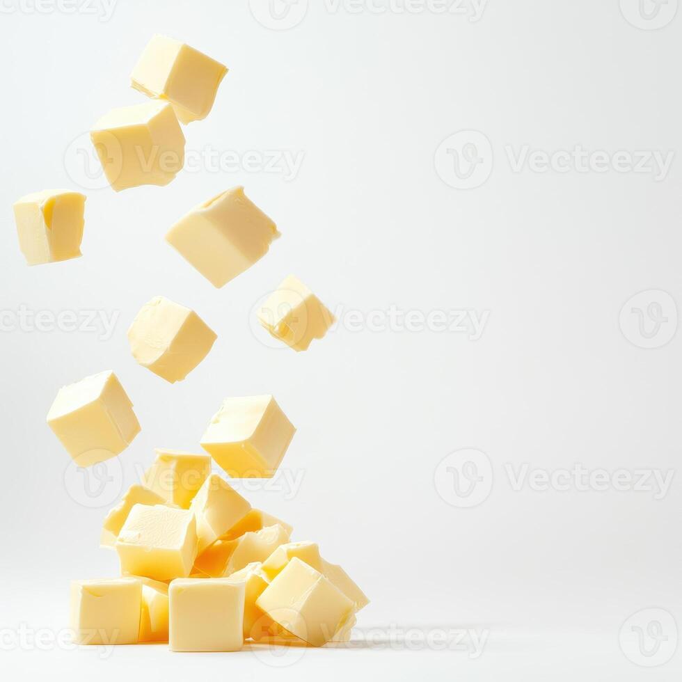 Creamy butter cubes falling on white background, creating soft lit kitchen scene photo