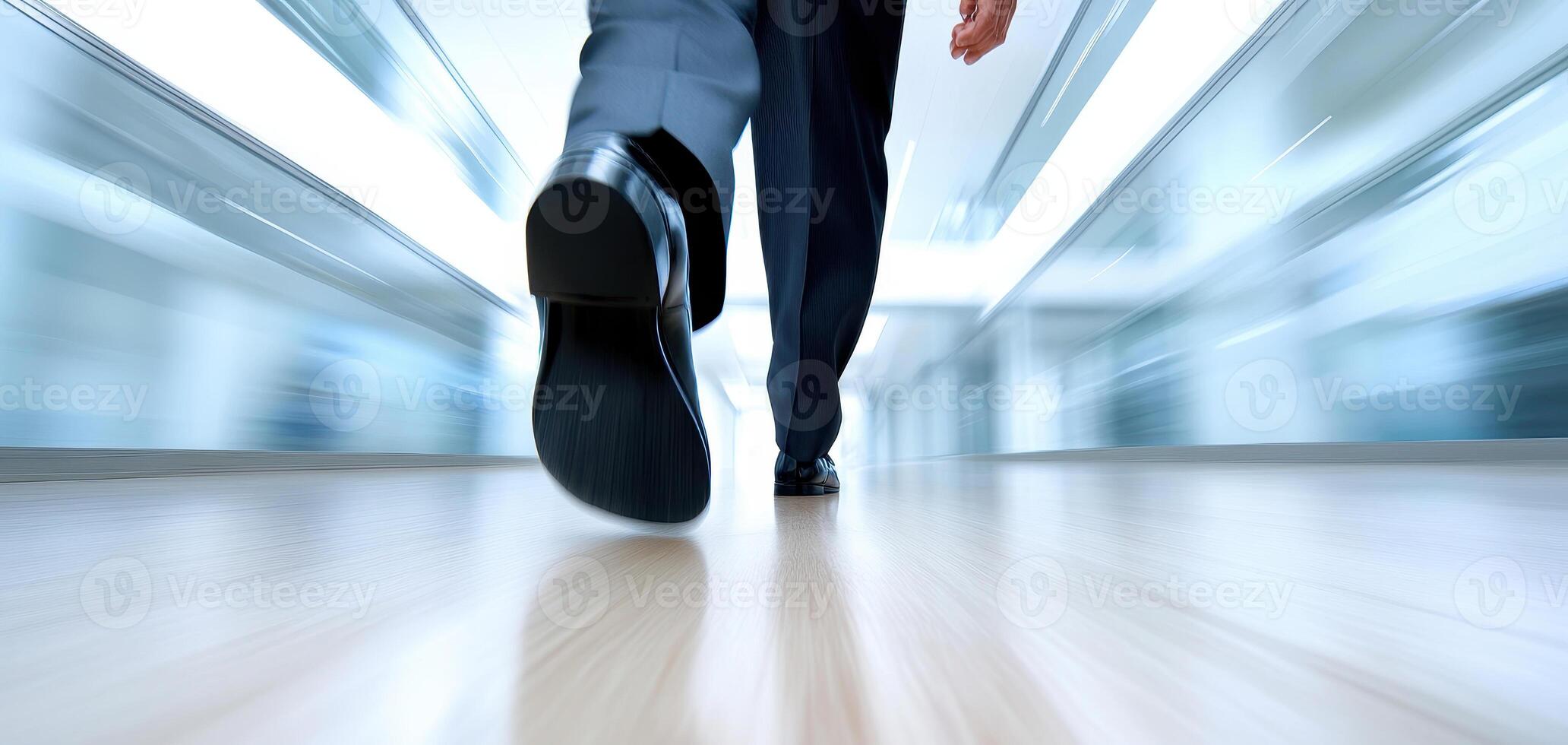 Modern urban business interior showcasing fast paced movement with man walking confidently in sleek environment photo