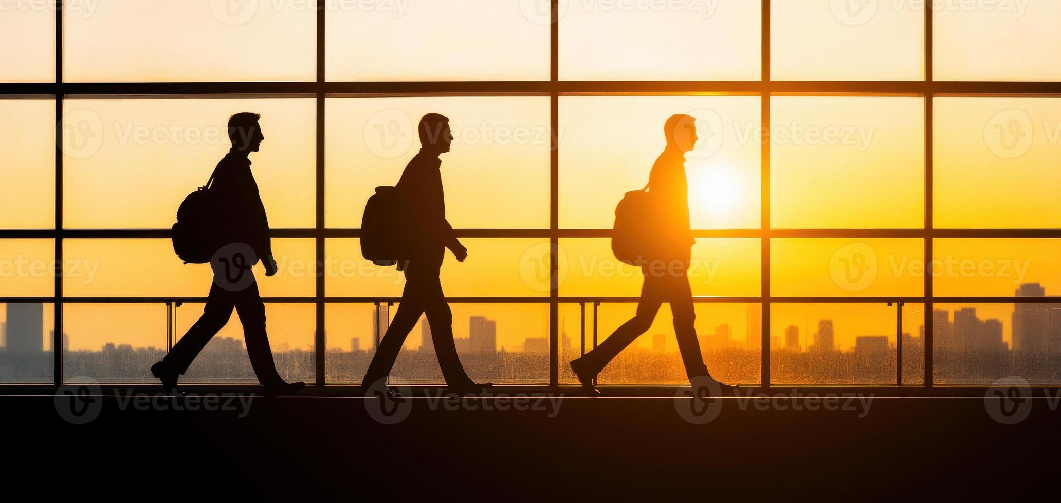 Professionals walking in airport at sunset, showcasing busy lifestyles photo