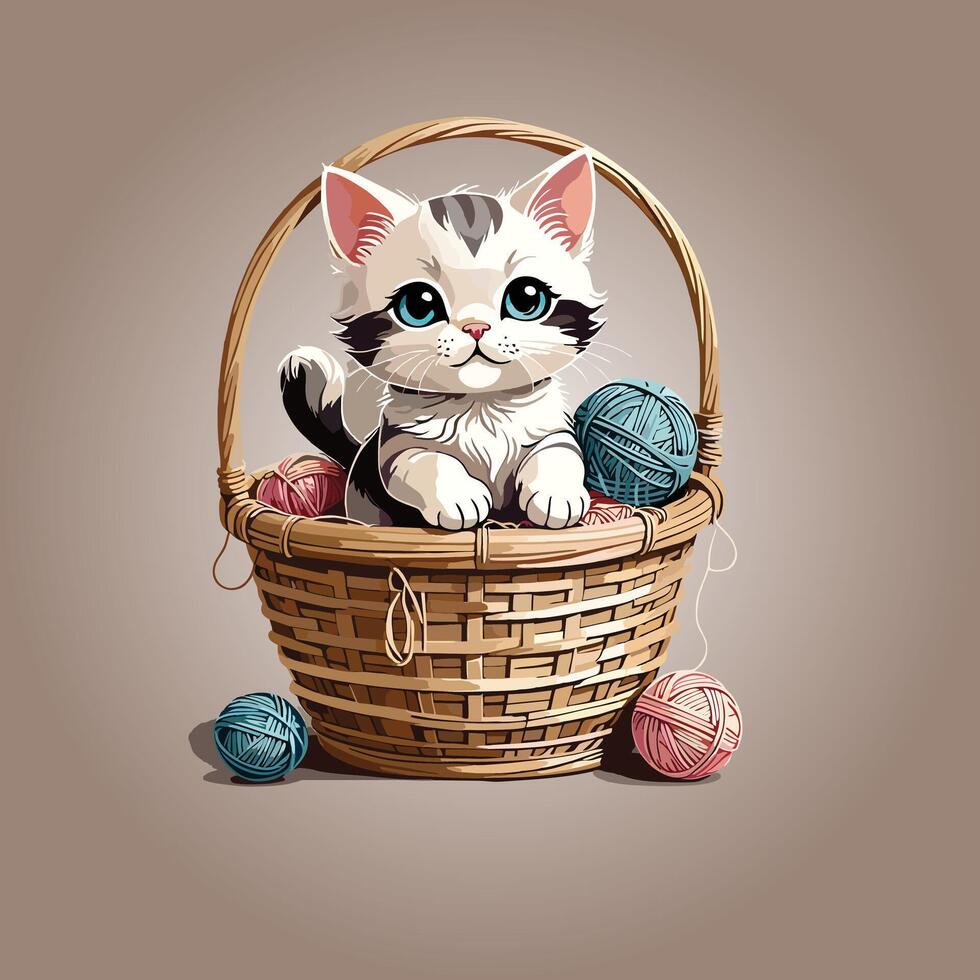 cat cute pet on basket vector
