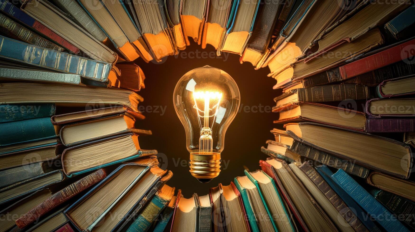 Illuminating Knowledge A Glowing Light Bulb Surrounded by Books photo