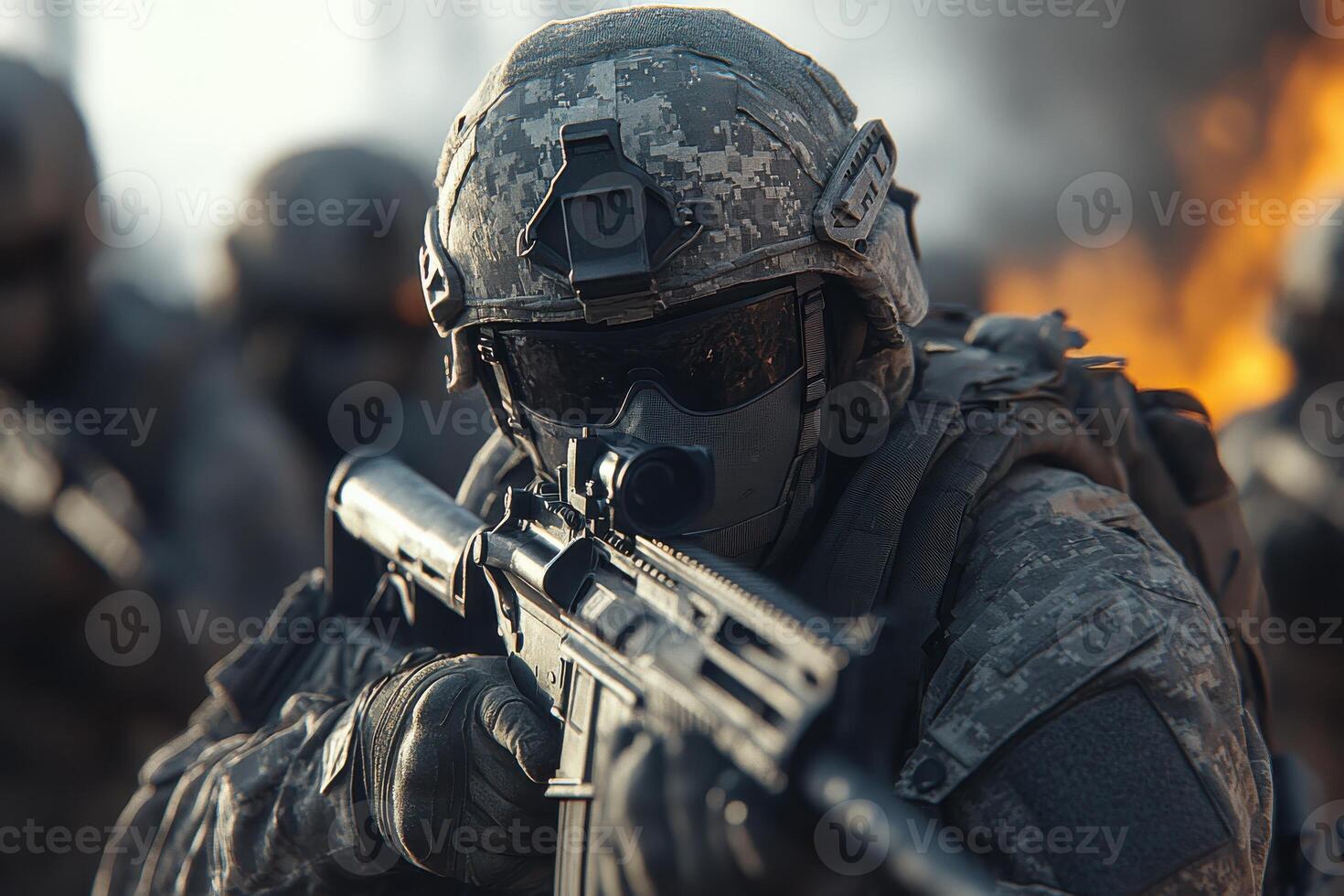 Military Squad in Full Gear Displaying Team Unity on the Battlefield photo