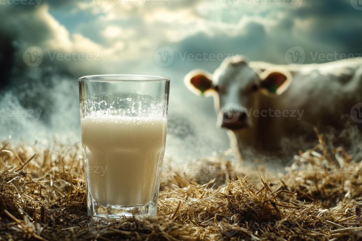 Fresh Milk in Glass Surrounded by Hay with a Cow in Background for Rustic Farm Lifestyle Imagery photo