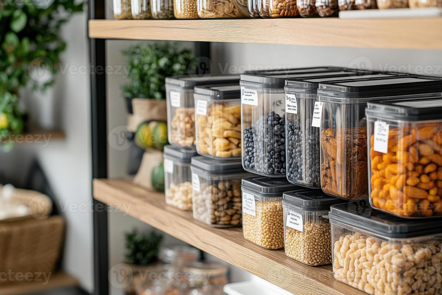 Organized Pantry Setup with Labeled Plastic Containers for Ideal Storage Solutions photo