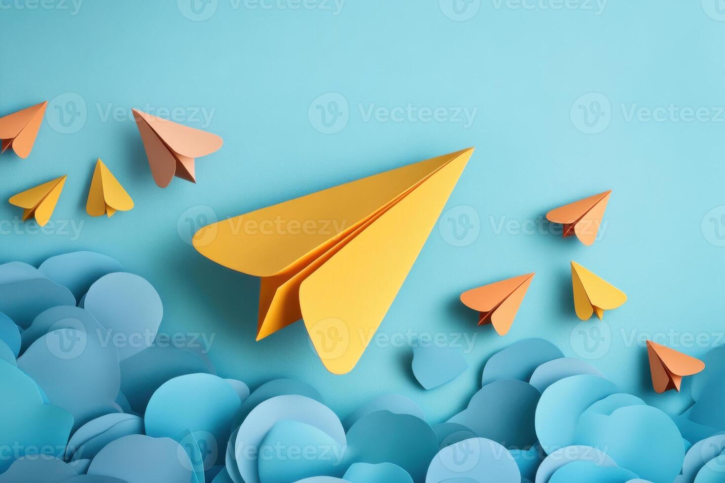 A Paper Plane Flying Upward with Other Planes Falling Down Demonstrates Optimism and Innovation photo