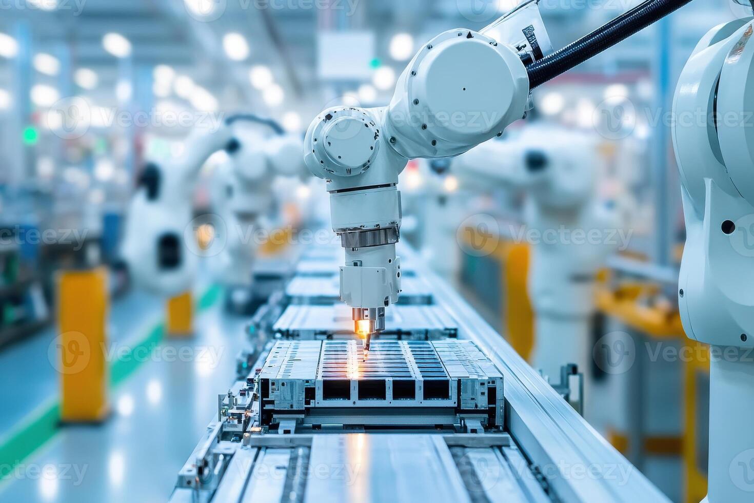 Robotic Arms Efficiently Assembling Electric Vehicle Batteries in a High-Tech Manufacturing Environment photo