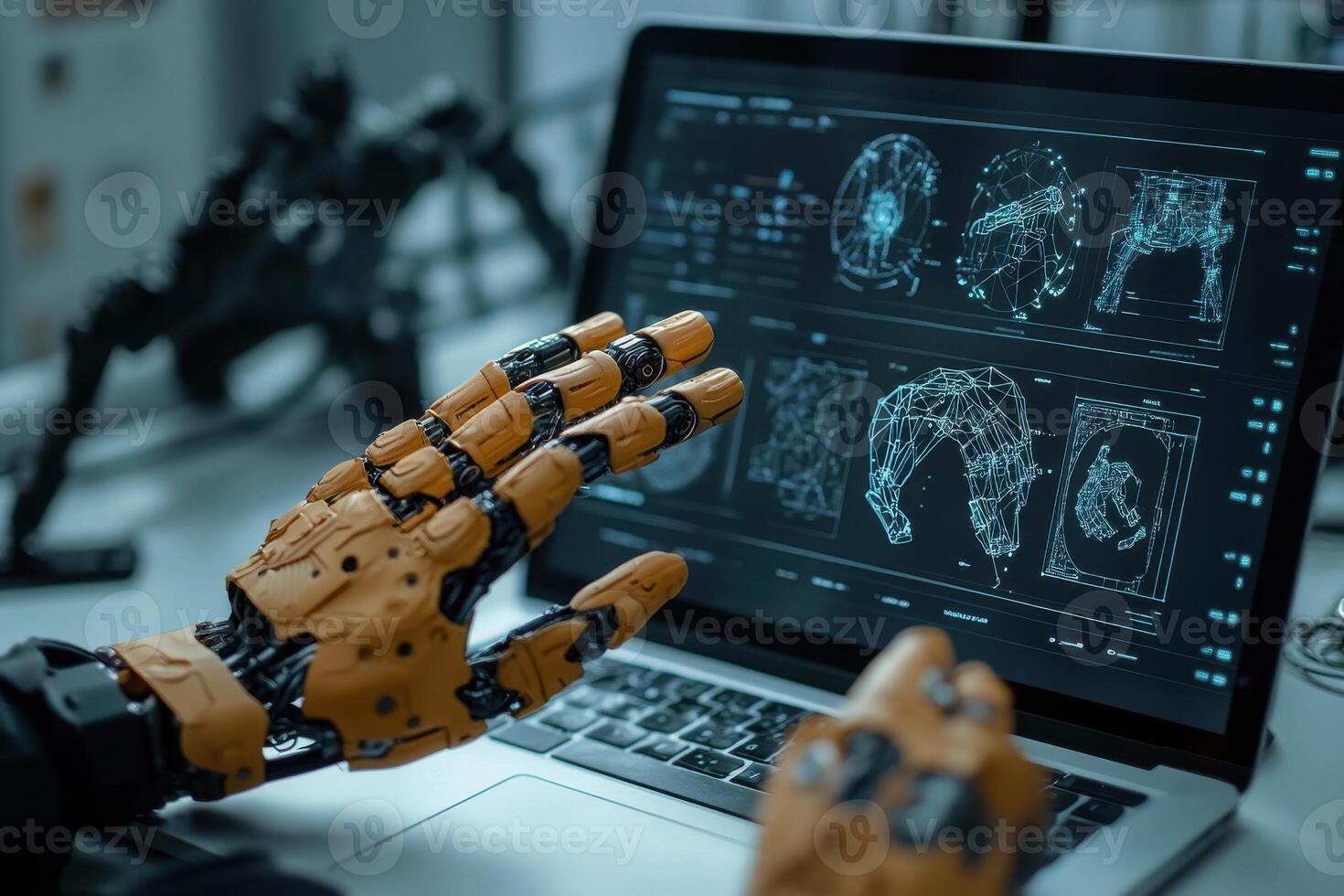 Robotic Hands Interacting with Advanced Technology and Complex Systems photo
