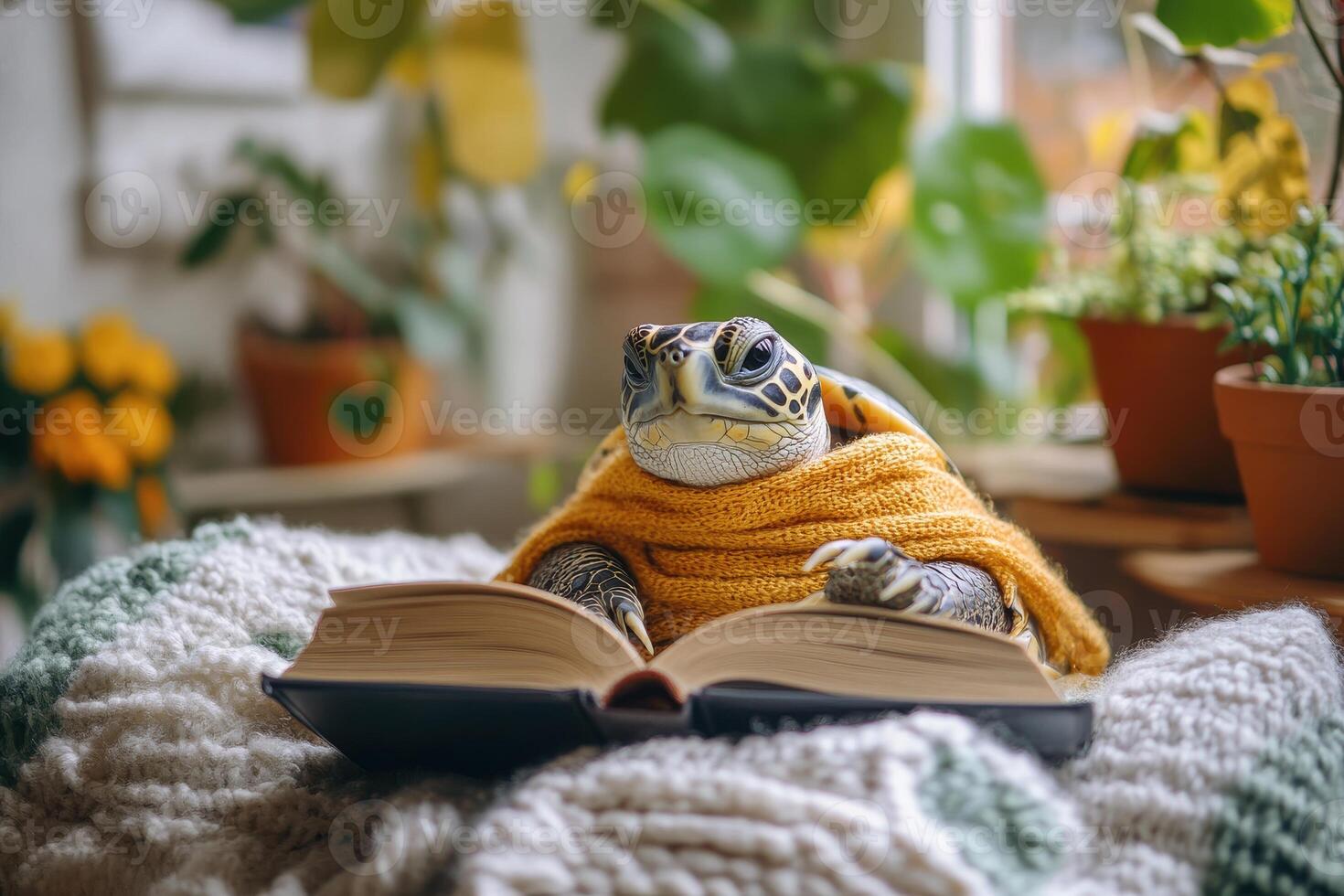 Small Turtle Reading a Book in a Cozy Room Perfect for Relaxation and Learning photo