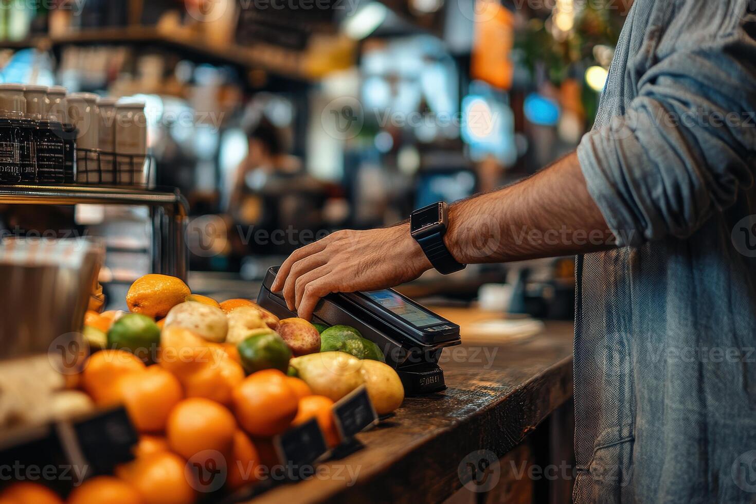 Effortless Smartwatch Payment Experience at a Cafe Terminal for Seamless Transactions photo