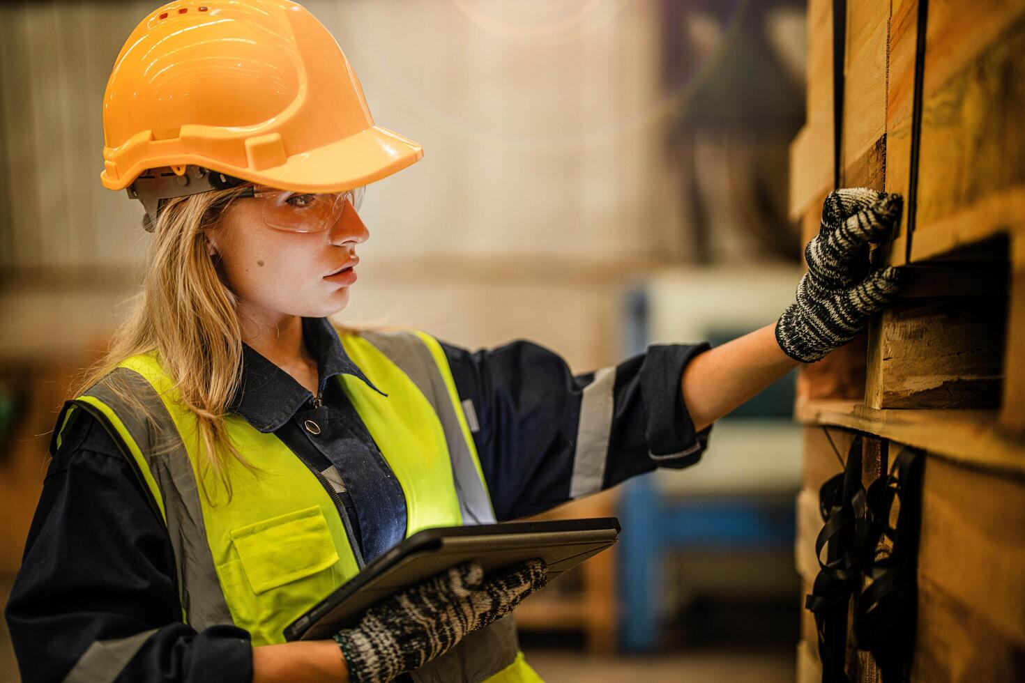 A female carpenter in a safety uniform and hard hat inspects the quality of wooden products in a workshop. photo