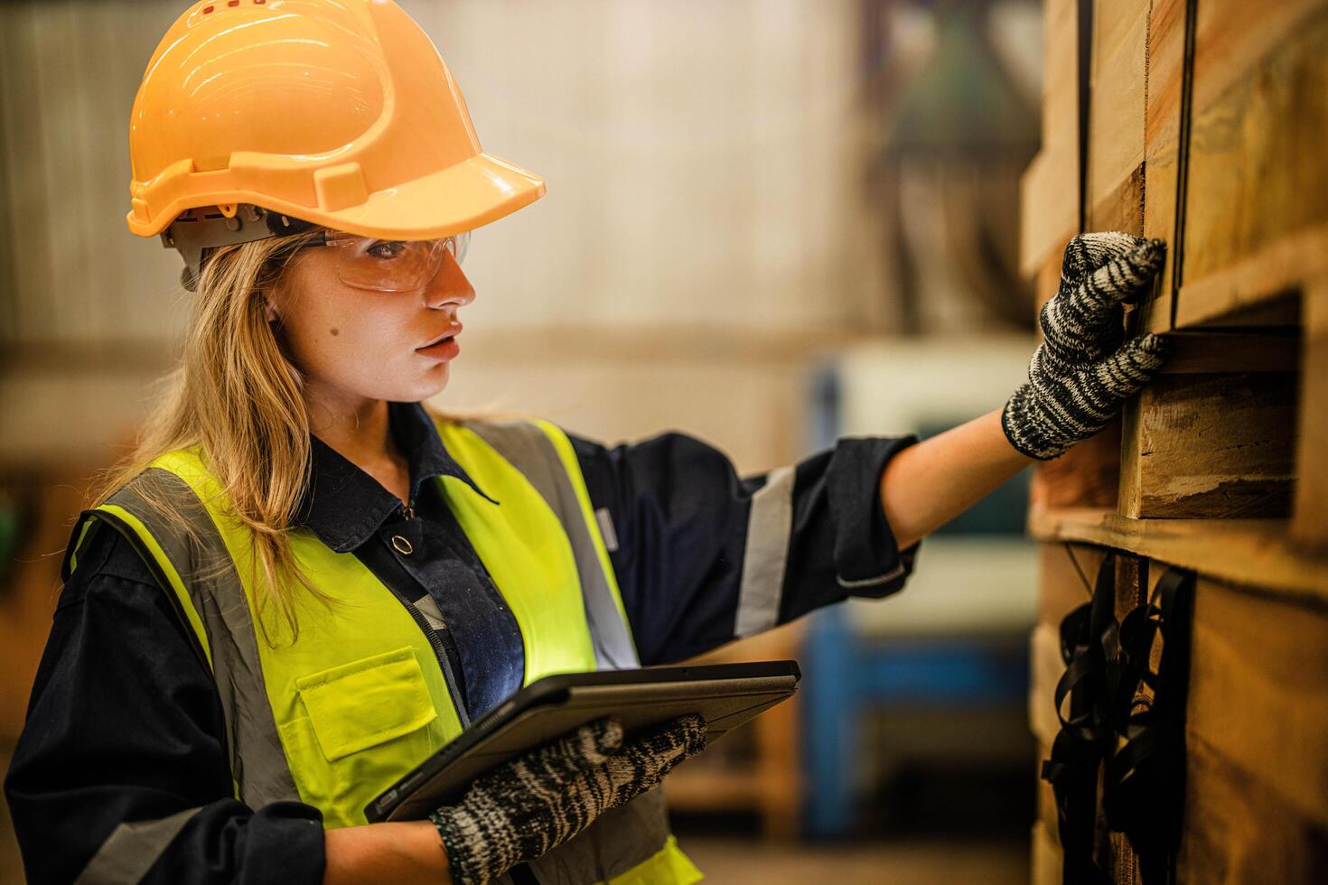 A carpenter wearing a hard hat and safety gear carefully checks wooden products in the workshop. photo