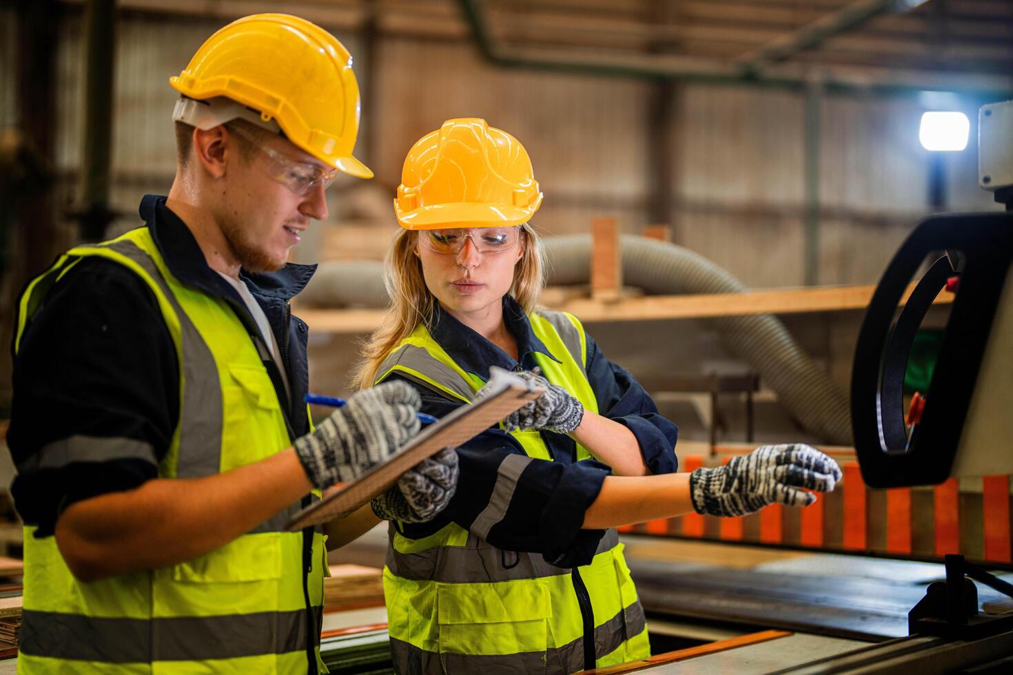 factory engineer workers standing to control panel switch. people works at heavy machine at industry factory. photo