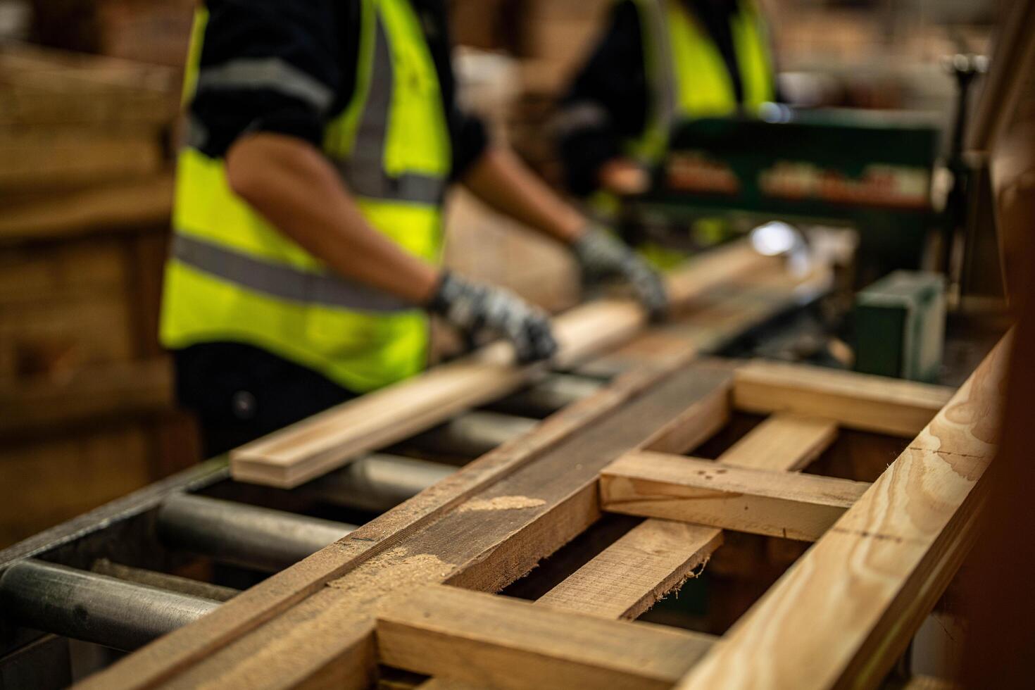 A man thoroughly cleans wooden materials in a warehouse to ensure quality control. photo