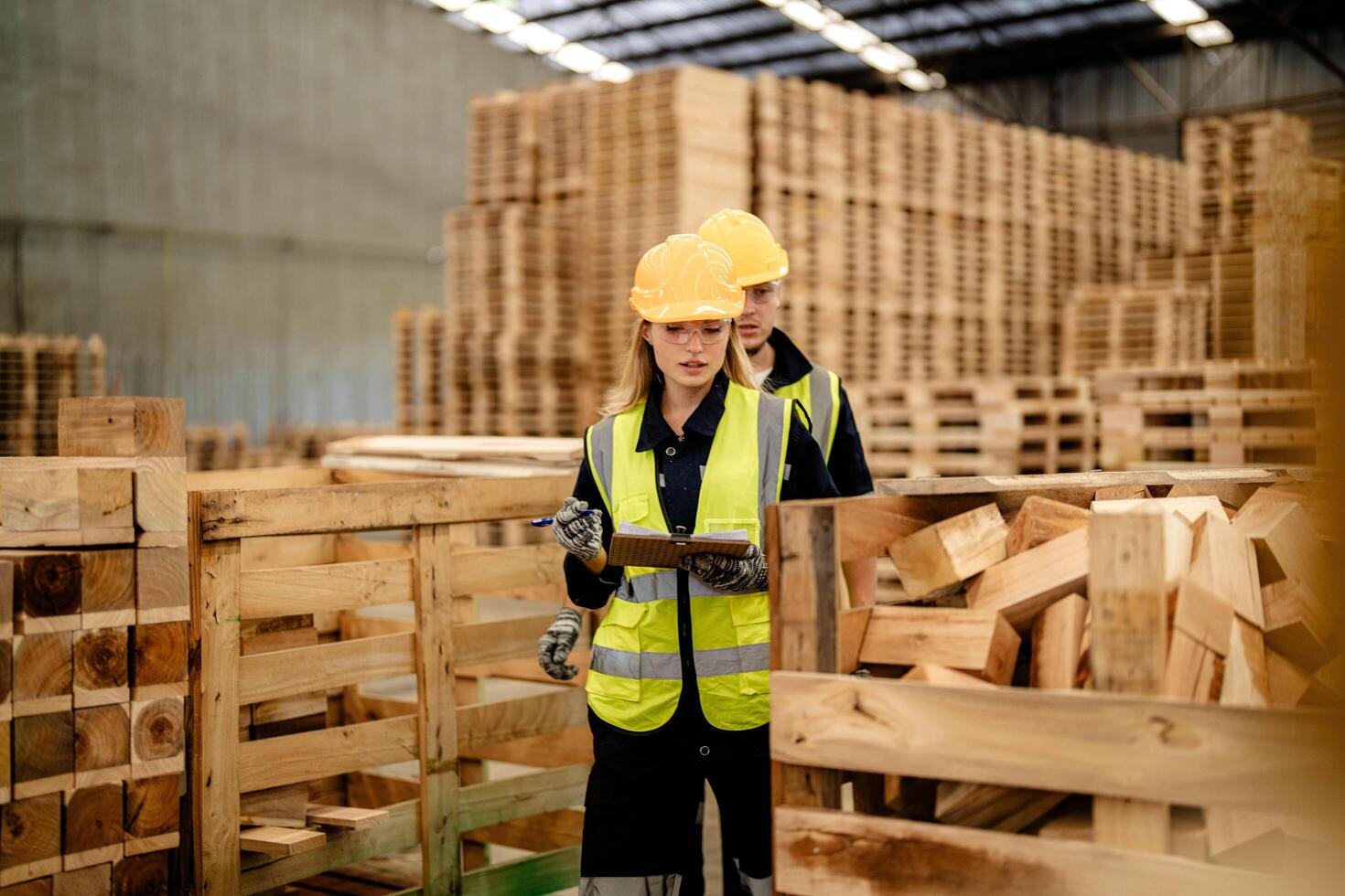 Engineers focus on the quality of timber materials during a warehouse walk-through. photo