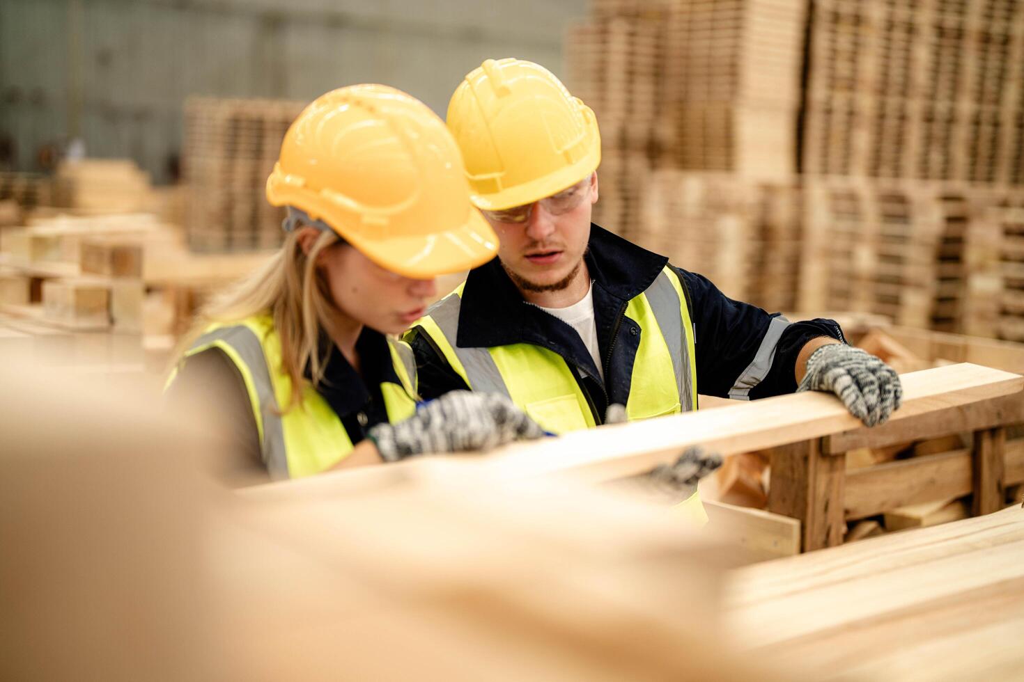 Engineers inspect wooden products during a quality check in the production warehouse. photo