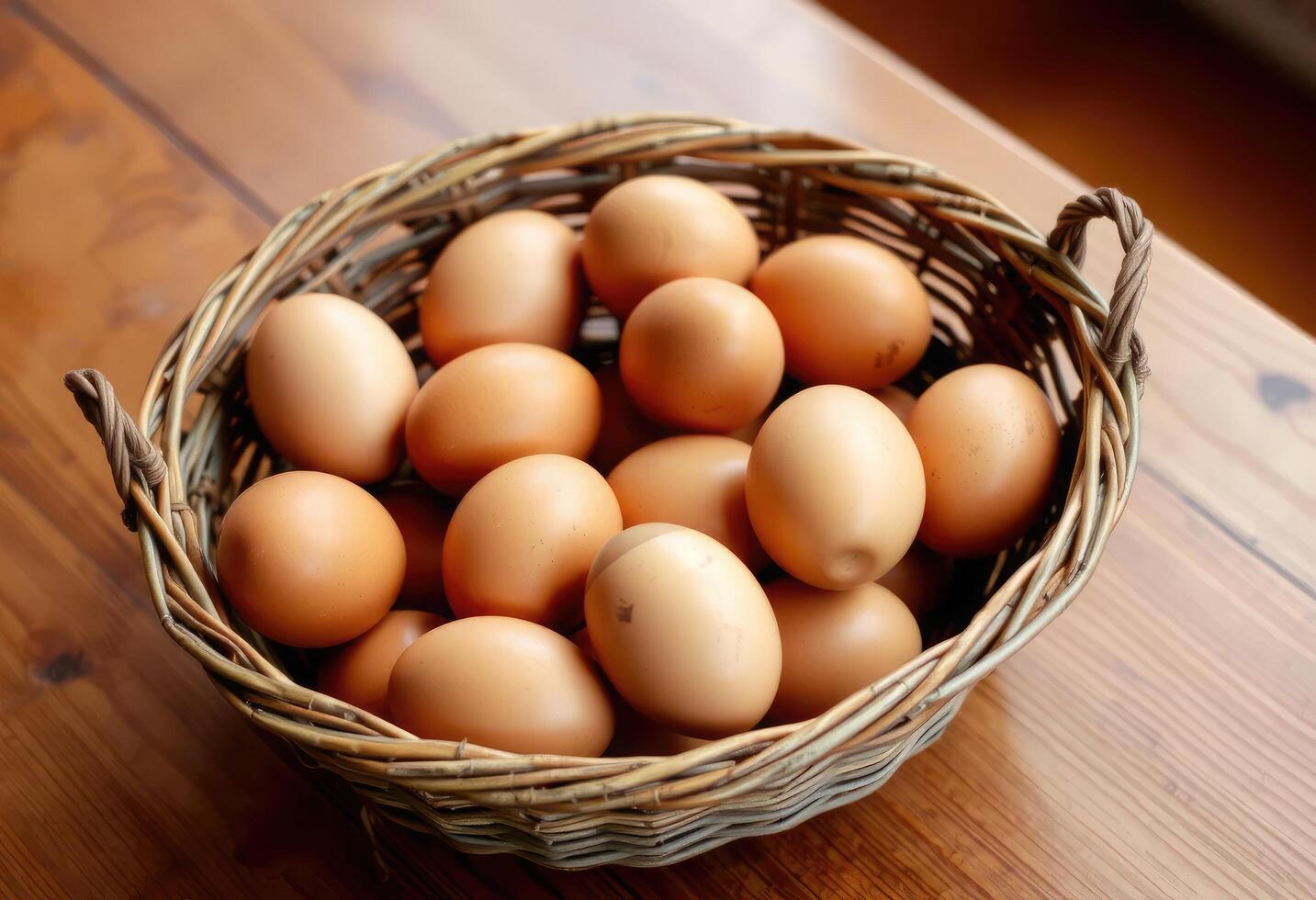 a basket full of brown eggs on a wooden table photo