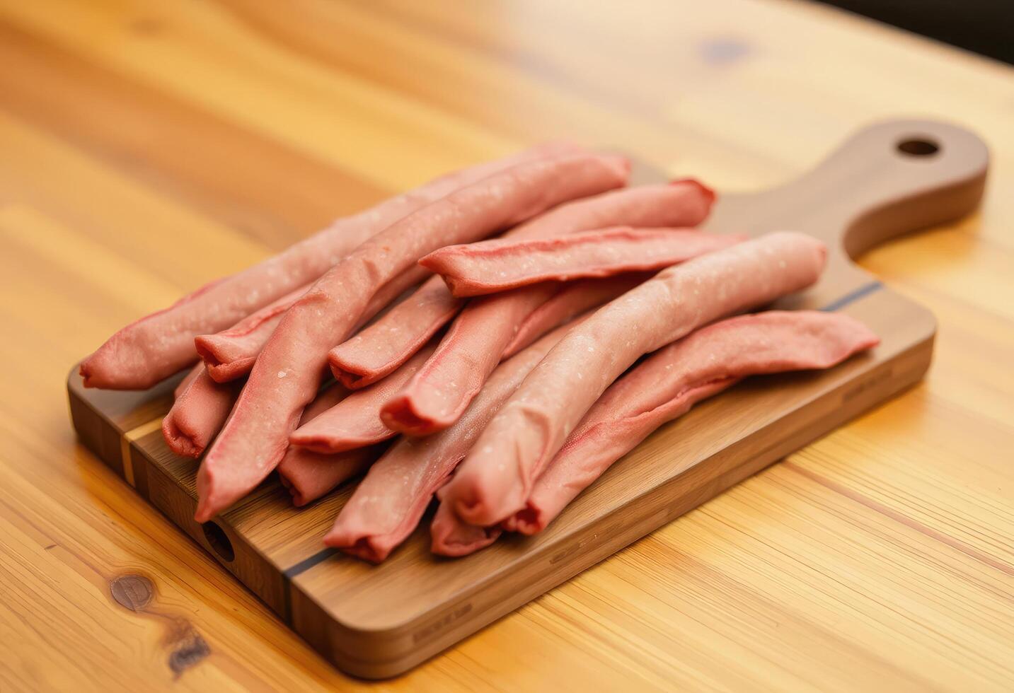 Mini dried thin sausages on a cutting board, placed on a wooden table photo