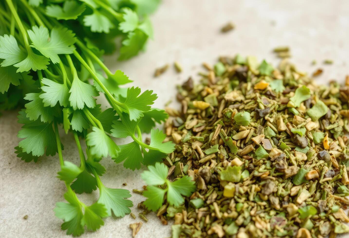 Fresh and dried cilantro sprigs, ideal for enhancing culinary dishes with a vibrant burst of flavor photo