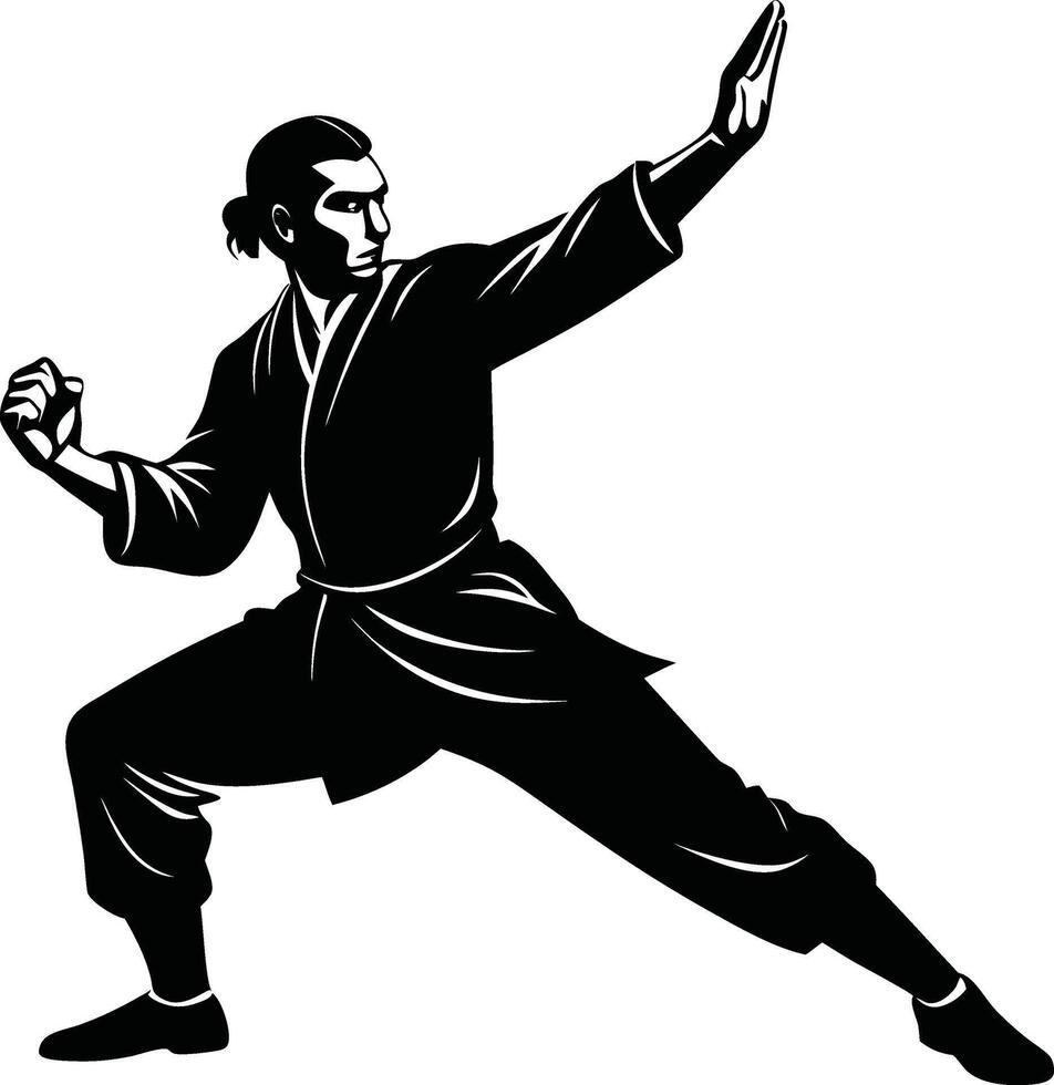 Silhouette of a Kung Fu Fighter in Mid Action vector