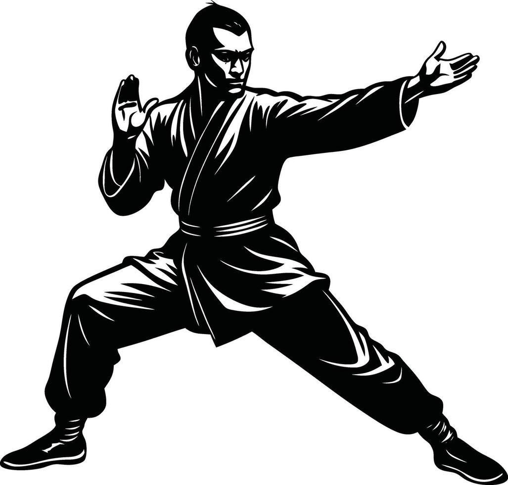 Kung Fu Fighter Silhouette in Intense Action vector