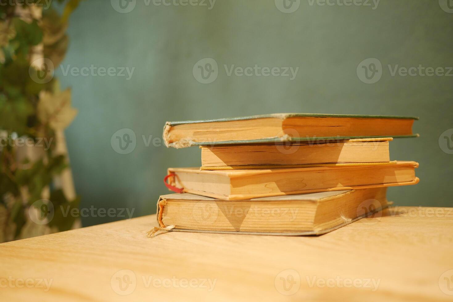 A Beautiful Stack of Vintage Books Carefully Arranged on a Wooden Table photo